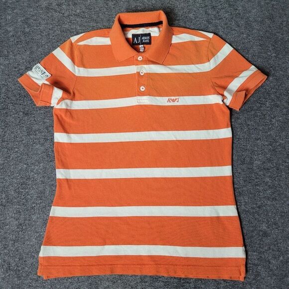 Armani Jeans Polo Shirt Men's Size M Orange White Striped Short Sleeve - Picture 1 of 14